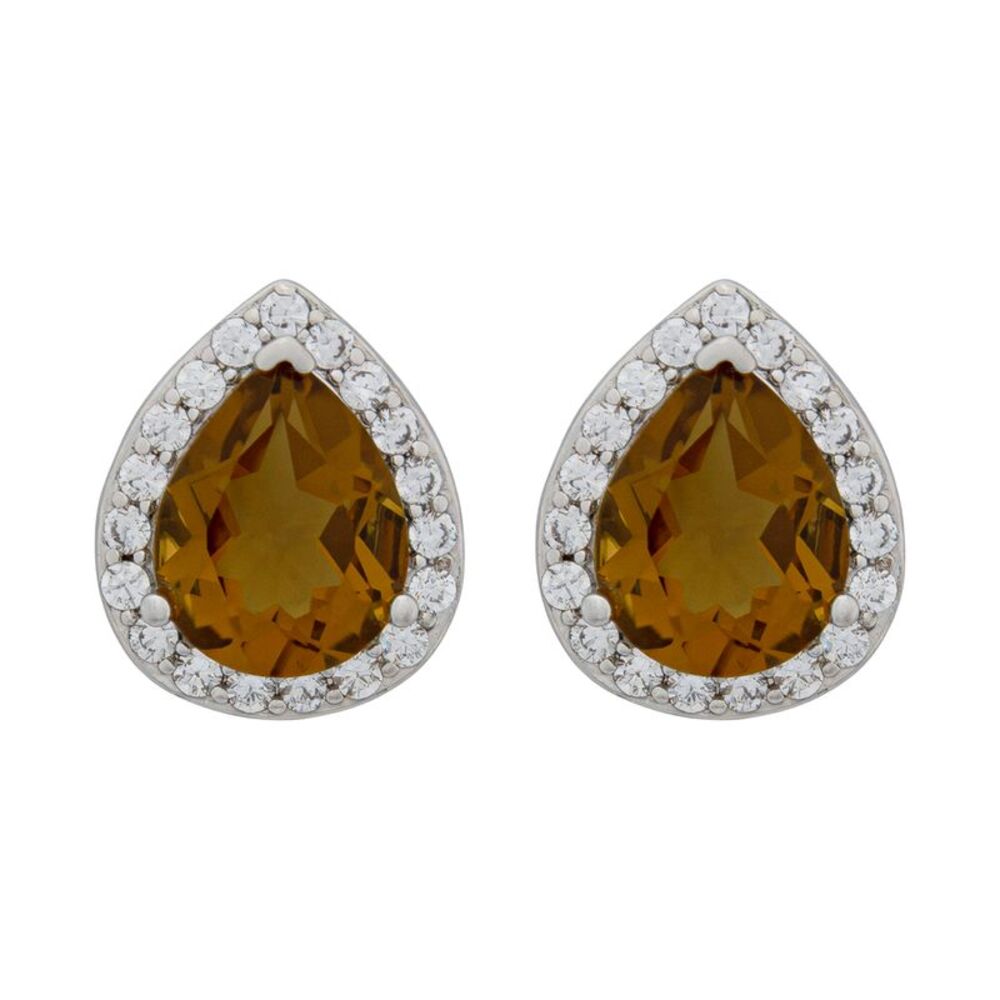 Platinum Plated Genuine Cognac Topaz Pear Shaped Stud Earrings with CZ Halo